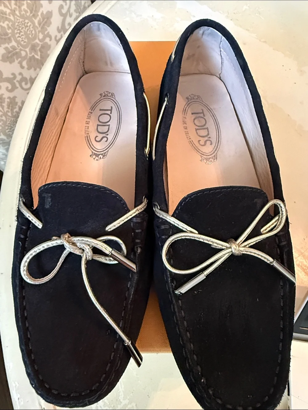 Tod’s ladies  Black Suede Loafers with Metallic Bow Accent - Made in Italy
